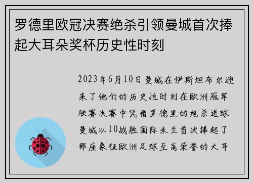 罗德里欧冠决赛绝杀引领曼城首次捧起大耳朵奖杯历史性时刻
