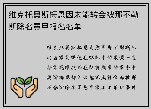 维克托奥斯梅恩因未能转会被那不勒斯除名意甲报名名单